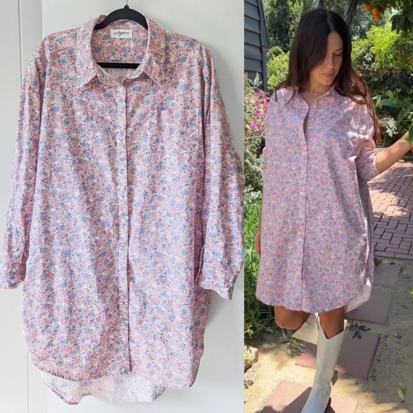 CJLA Barbara Floral Button Up Shirt Dress Pink and Blue Size Large Button Mini - Picture 1 of 13